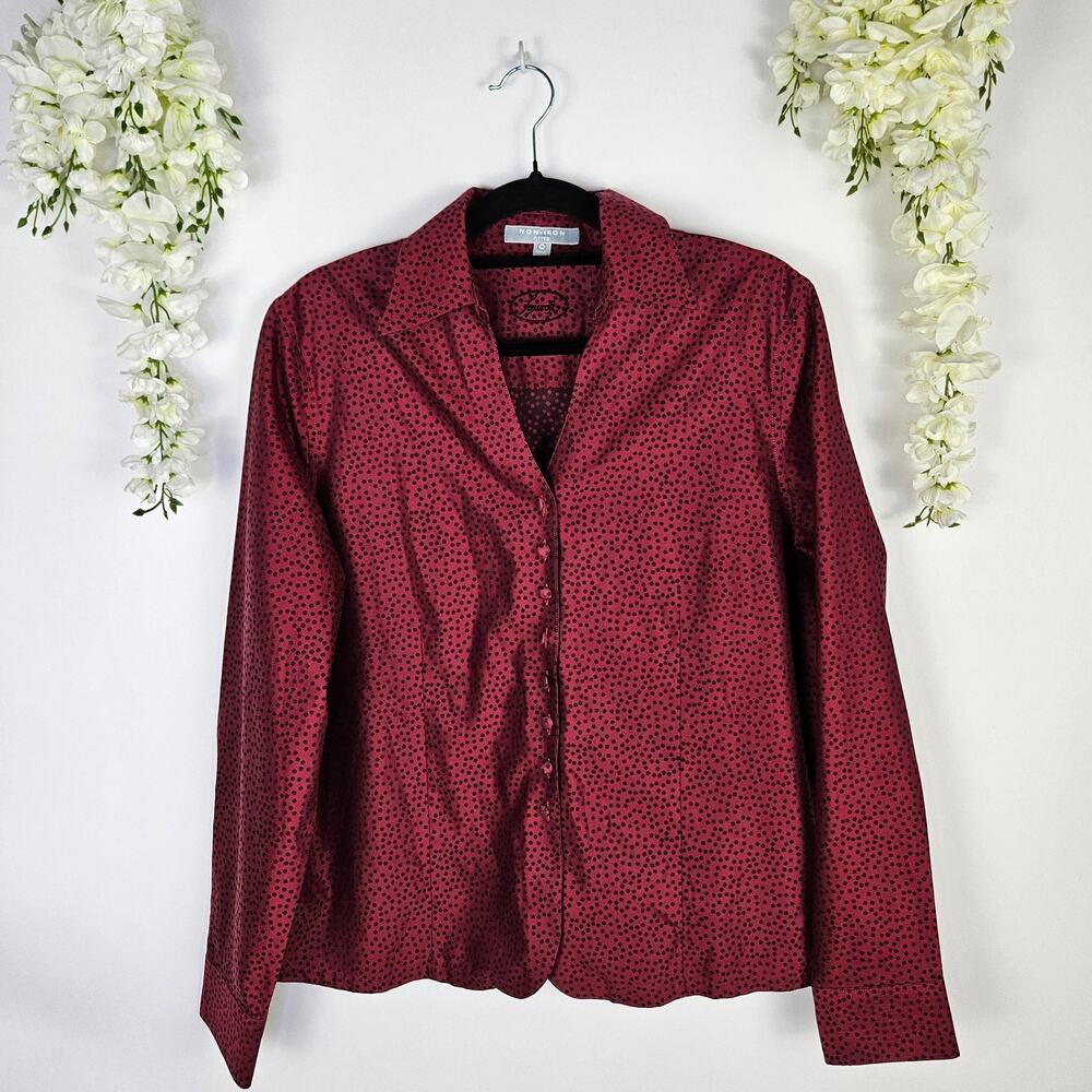 Foxcroft Button Down Shirt Red Black Polka Dot Fitted Non-Iron Career Top Sze 16